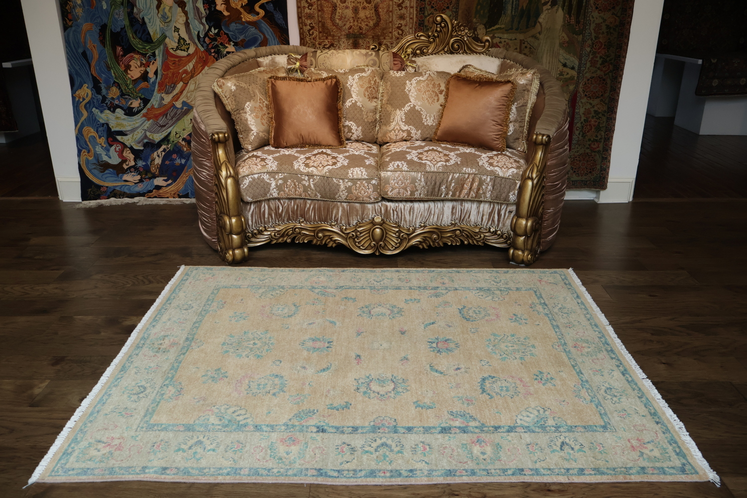 Muted Peach Coral and Turquoise Blue Oushak Turkish Rug 5x6