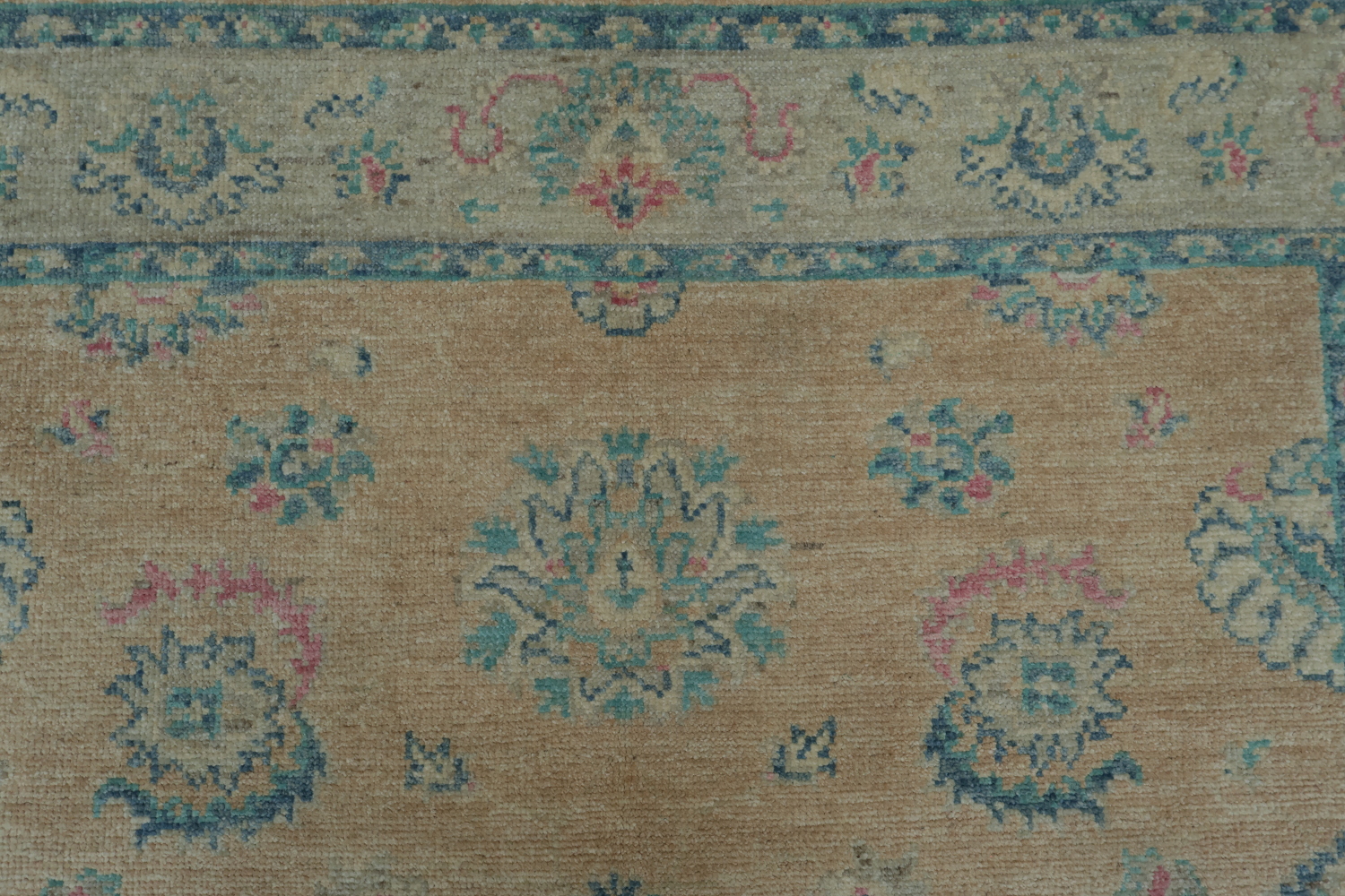 Muted Peach Coral and Turquoise Blue Oushak Turkish Rug 5x6