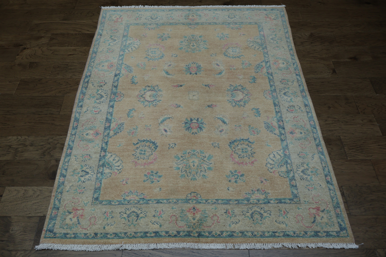 Muted Peach Coral and Turquoise Blue Oushak Turkish Rug 5x6