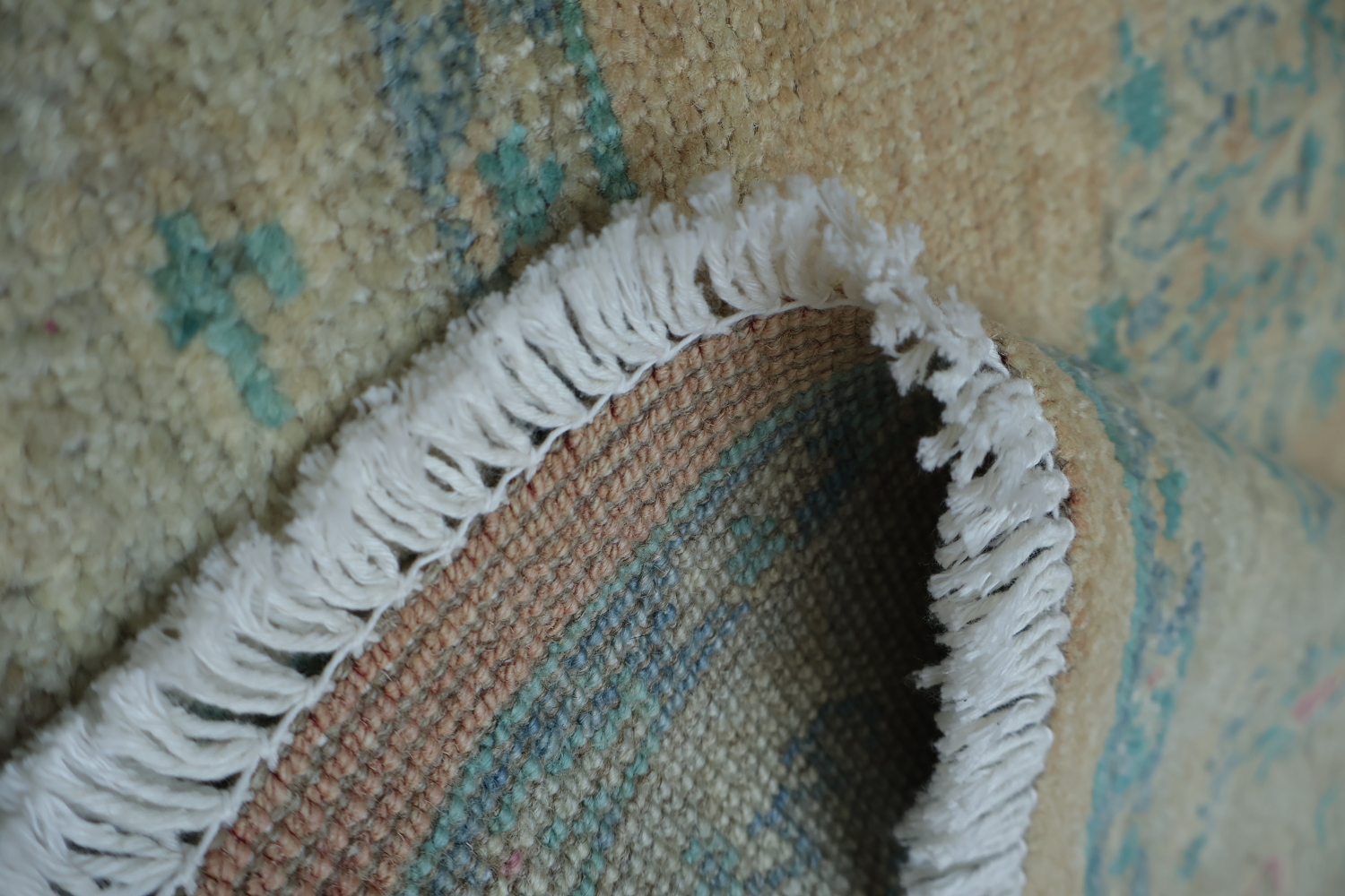 Muted Peach Coral and Turquoise Blue Oushak Turkish Rug 5x6