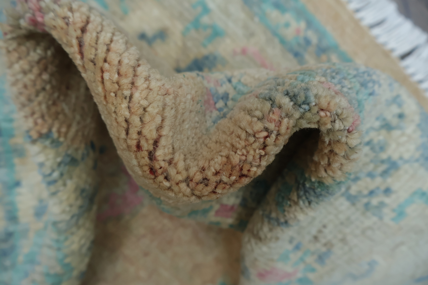 Muted Peach Coral and Turquoise Blue Oushak Turkish Rug 5x6
