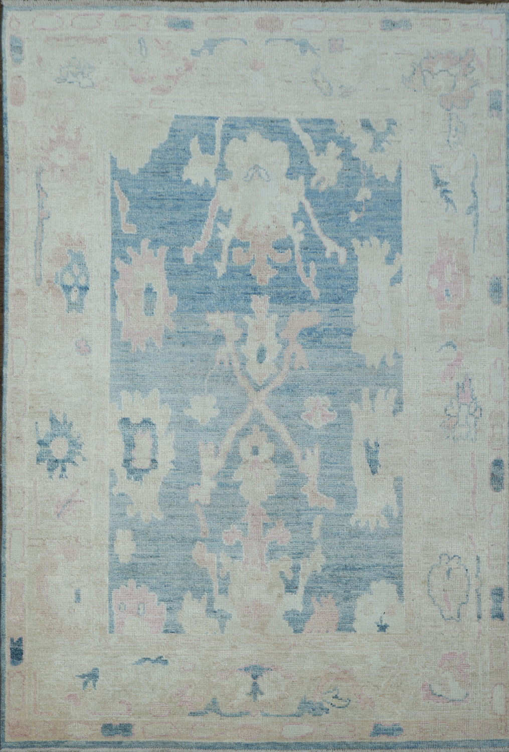 Chic Blue and Pastel Toned Oushak Turkish Rug with Antique Charm 5x8