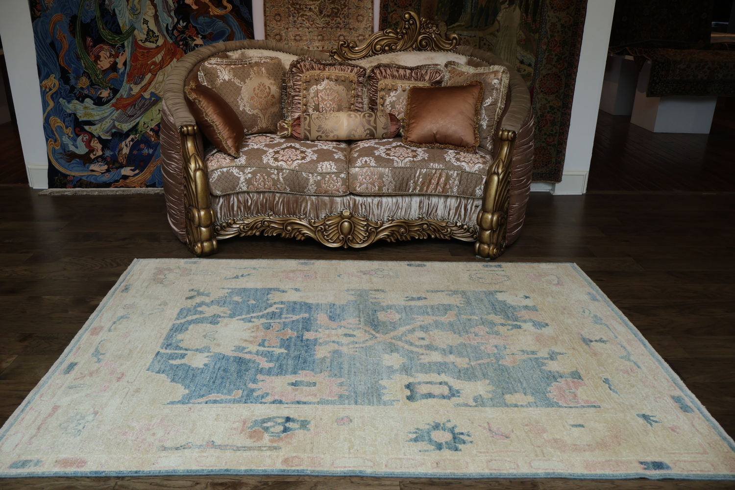 Chic Blue and Pastel Toned Oushak Turkish Rug with Antique Charm 5x8