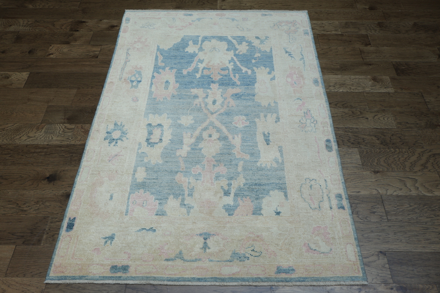 Chic Blue and Pastel Toned Oushak Turkish Rug with Antique Charm 5x8