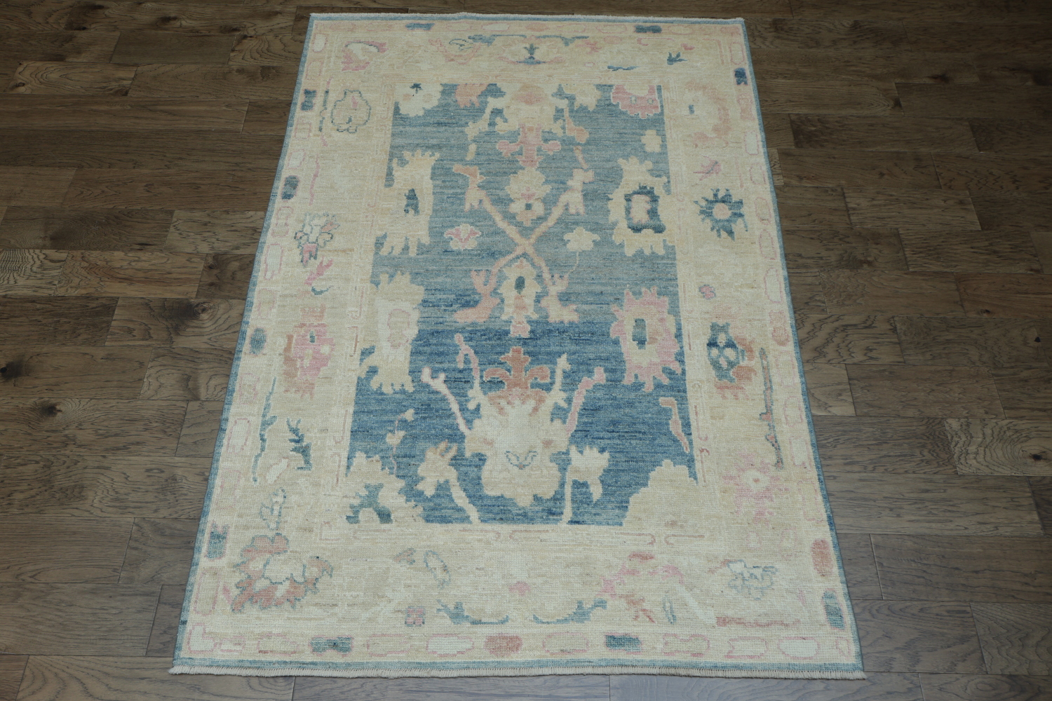 Chic Blue and Pastel Toned Oushak Turkish Rug with Antique Charm 5x8