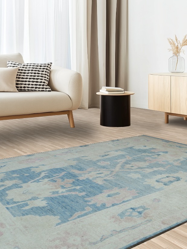 Chic Blue and Pastel Toned Oushak Turkish Rug with Antique Charm 5x8