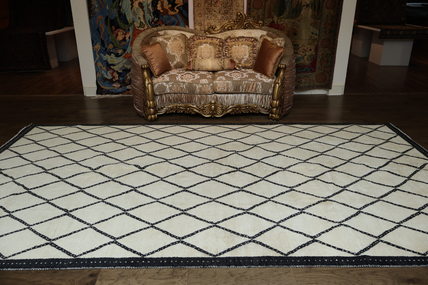 Modern White Rug with Black Diamond Pattern Elegance 8x12