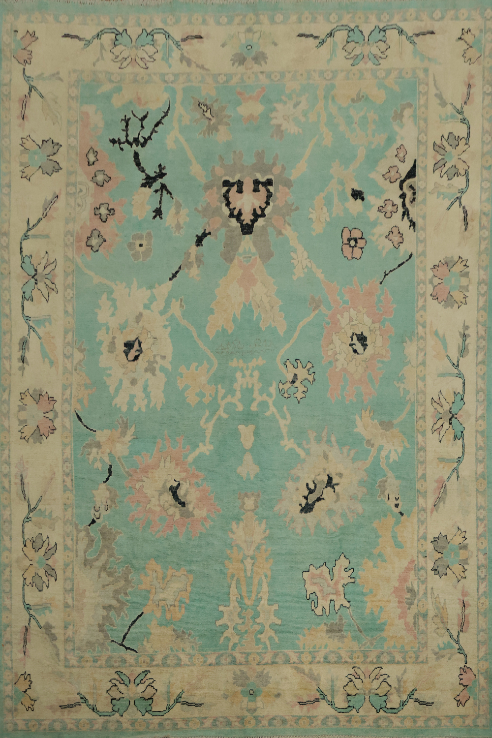 Charming Pastel-Toned Turquoise Floral Oushak Area Rug 9x11