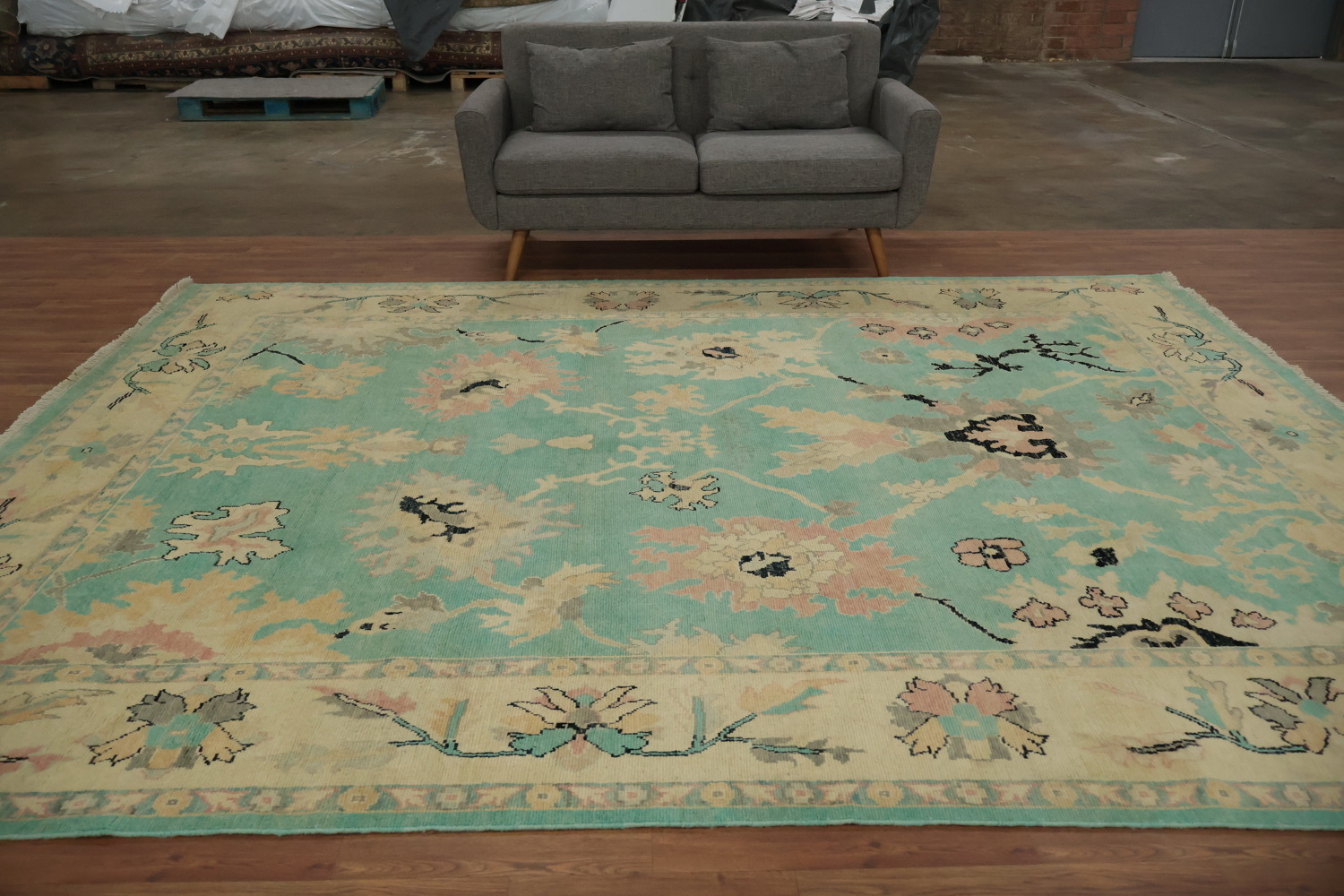 Charming Pastel-Toned Turquoise Floral Oushak Area Rug 9x11
