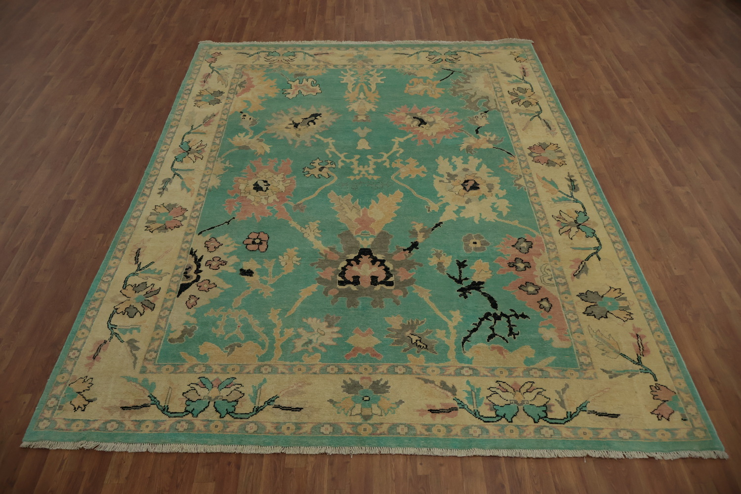 Charming Pastel-Toned Turquoise Floral Oushak Area Rug 9x11