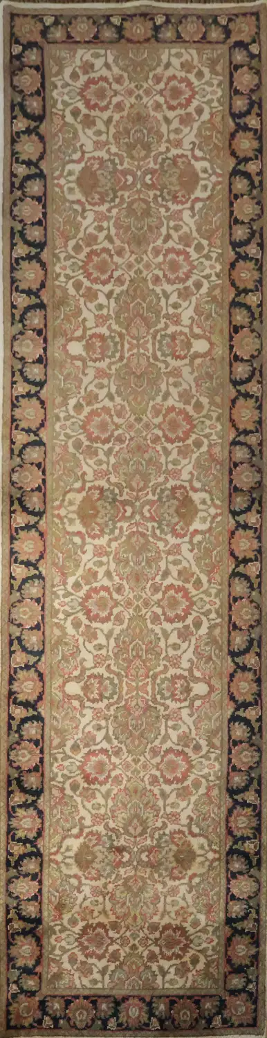 Luxurious Traditional Beige and Black Agra Runner Rug 3x10 ft
