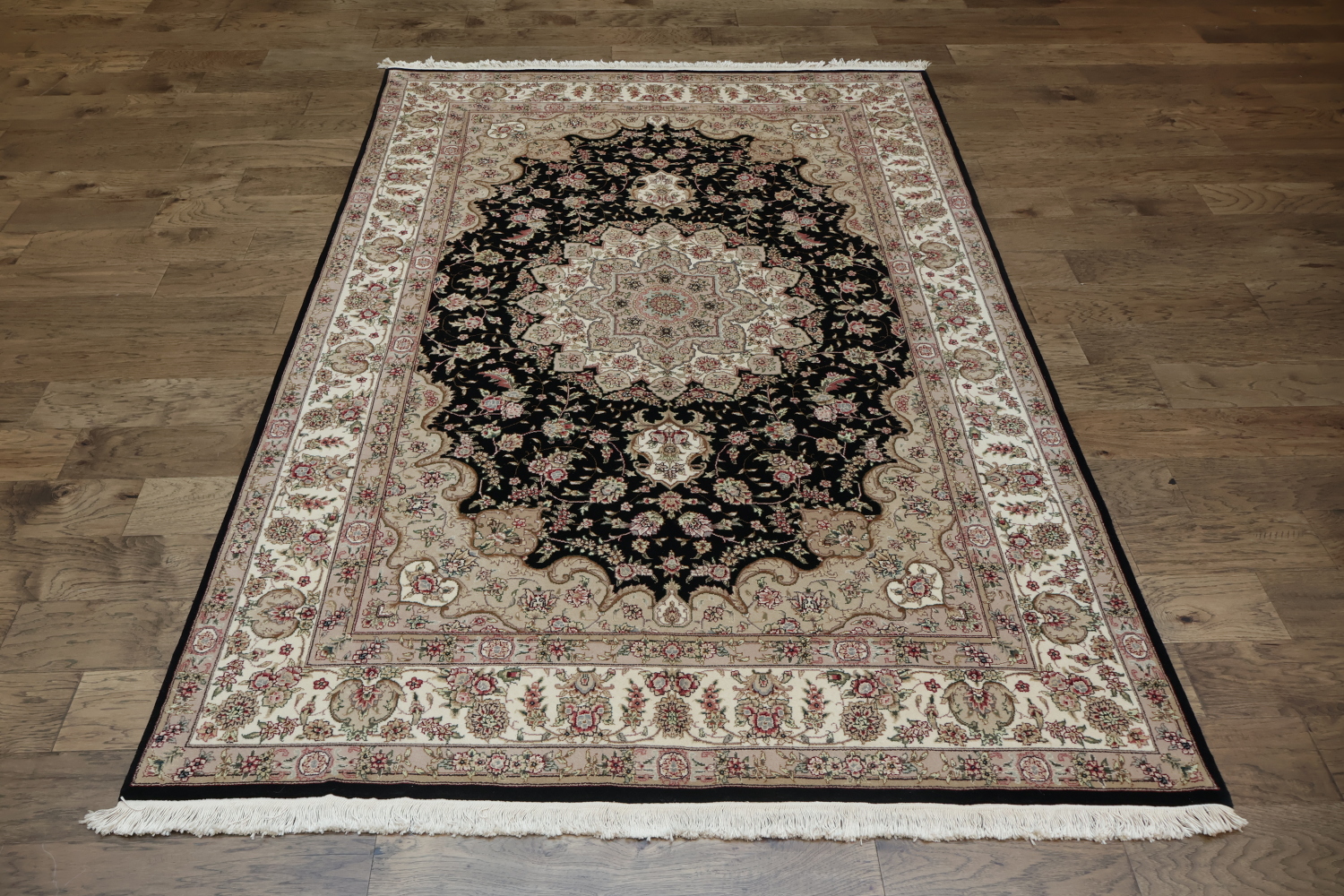 Elegant Floral Medallion Aubusson Chinese Rug in Classic Beige and Black Tones