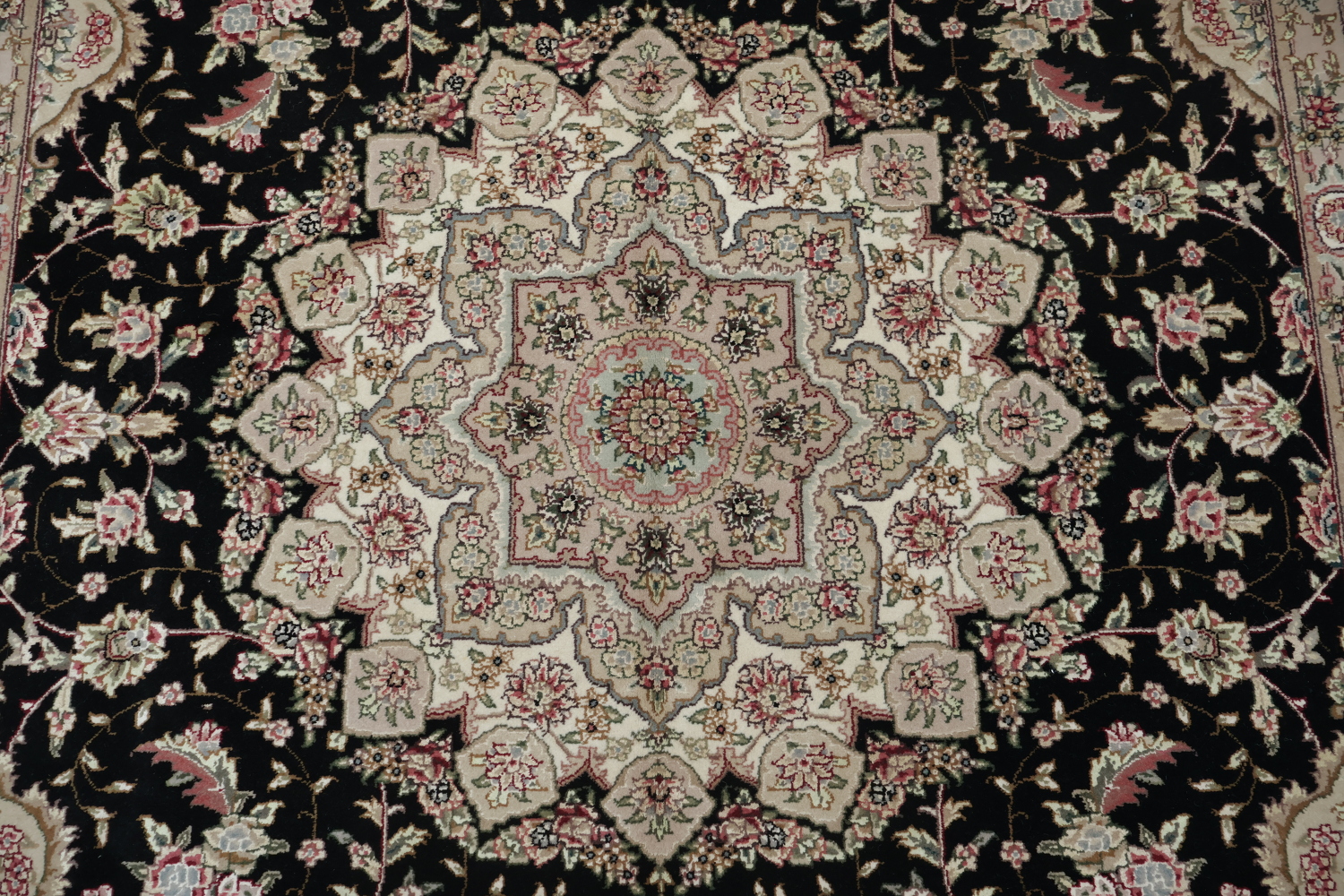 Elegant Floral Medallion Aubusson Chinese Rug in Classic Beige and Black Tones
