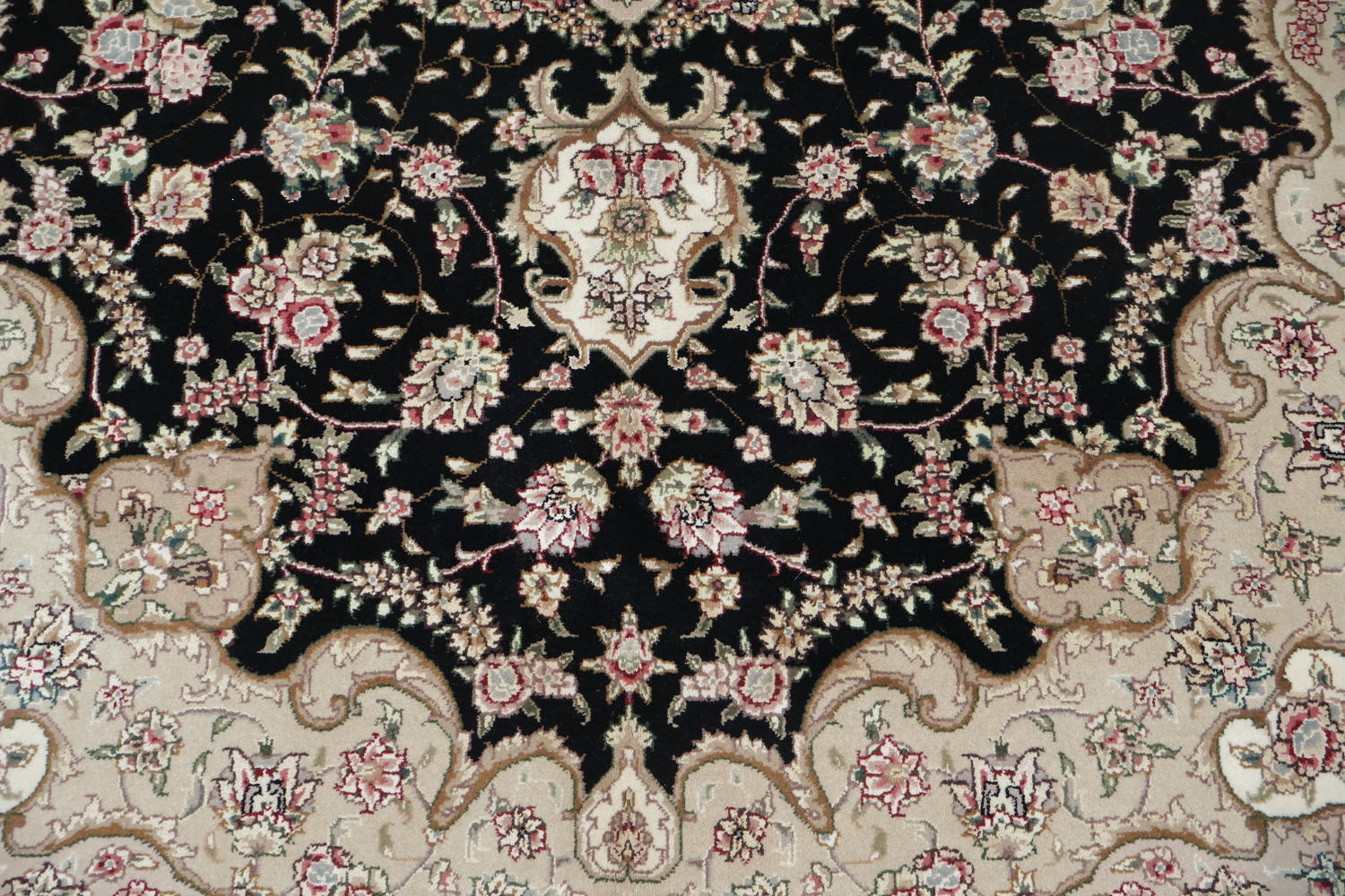 Elegant Floral Medallion Aubusson Chinese Rug in Classic Beige and Black Tones