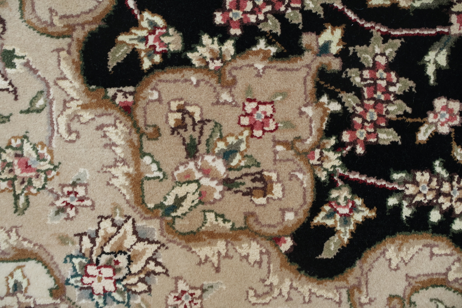 Elegant Floral Medallion Aubusson Chinese Rug in Classic Beige and Black Tones