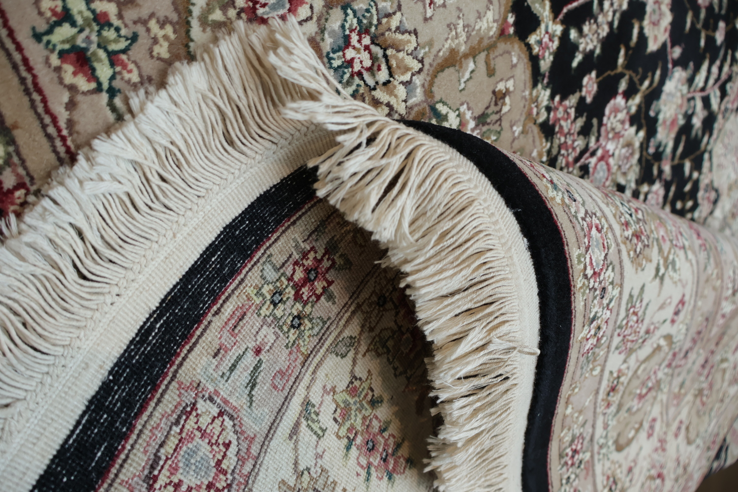 Elegant Floral Medallion Aubusson Chinese Rug in Classic Beige and Black Tones