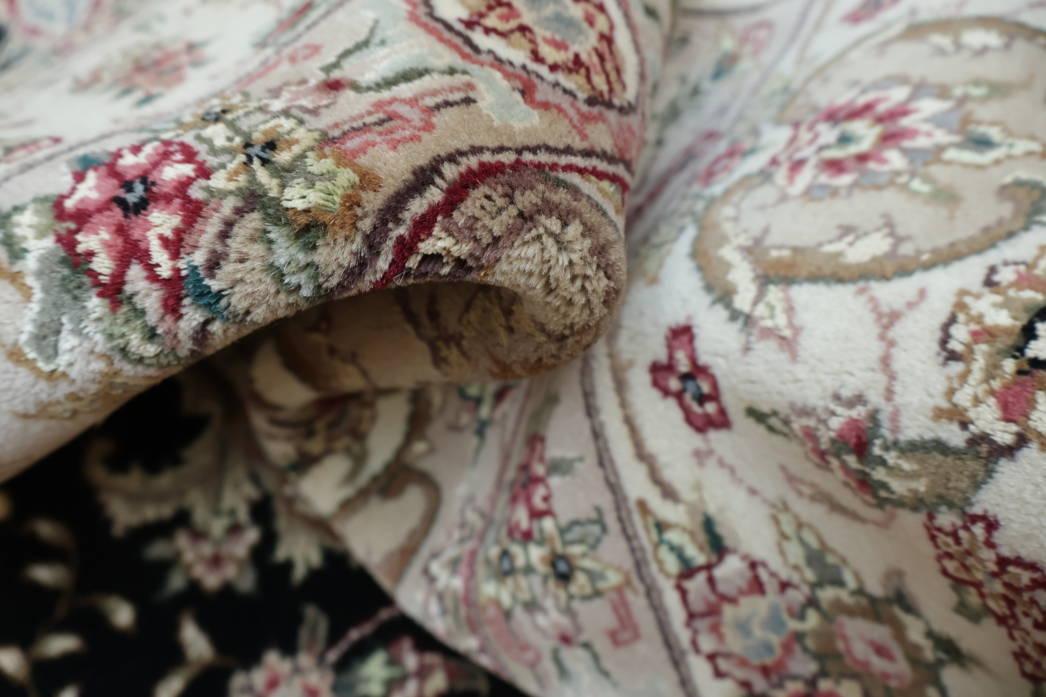Elegant Floral Medallion Aubusson Chinese Rug in Classic Beige and Black Tones