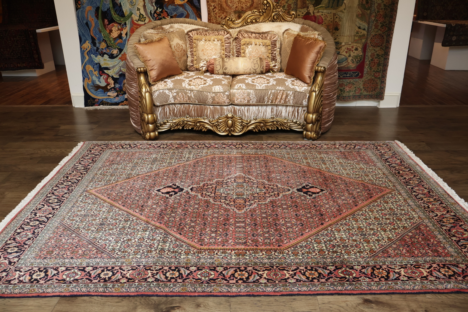 Geometric Vegetable Dye Pink Bidjar Persian Area Rug Featuring Detailed Floral Borders 7x10