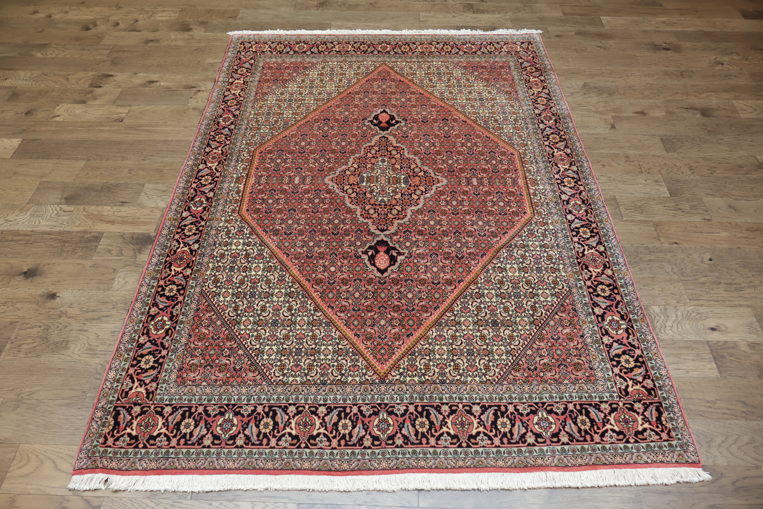 Geometric Vegetable Dye Pink Bidjar Persian Area Rug Featuring Detailed Floral Borders 7x10