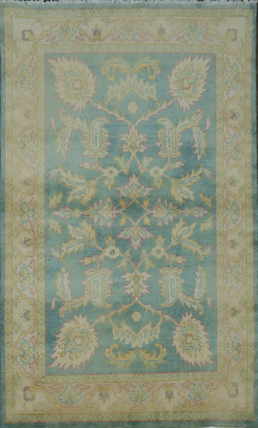 Stunning Antique-Style Teal Beige and Olive Peshawar Rug with Timeless Floral Design 4x7