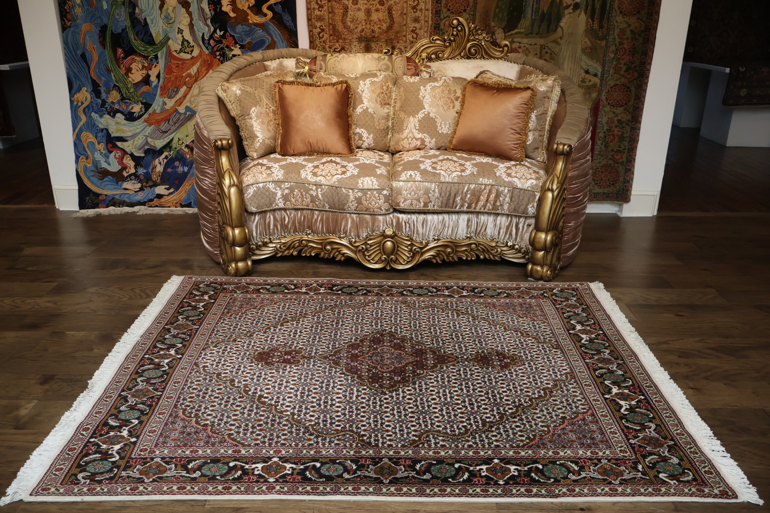 Wool and Silk Persian Tabriz Mahi design Area rug with an ivory field and Black Border 5x7