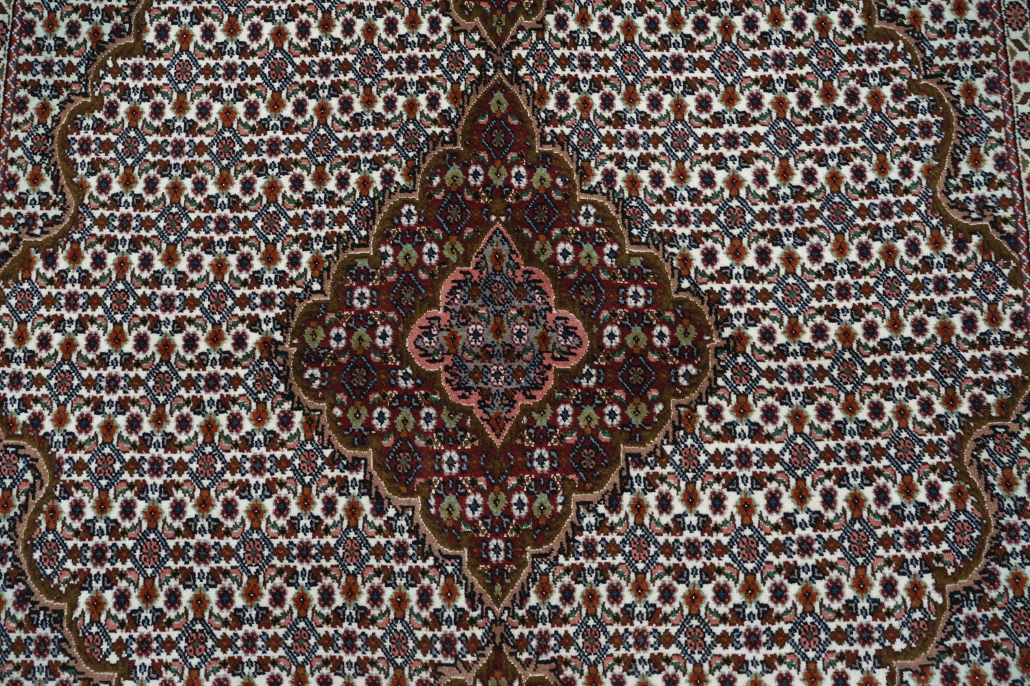 Wool and Silk Persian Tabriz Mahi design Area rug with an ivory field and Black Border 5x7