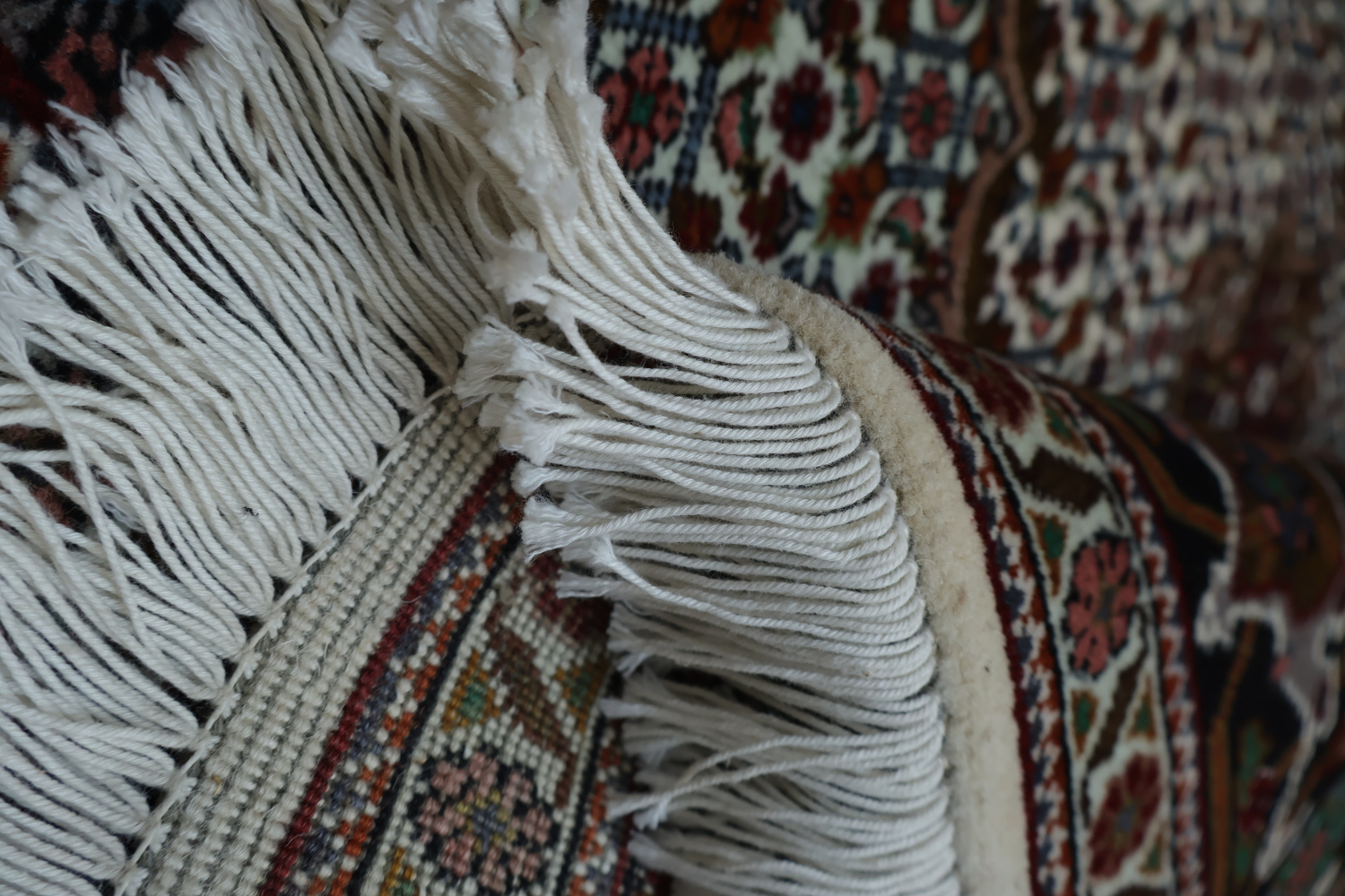 Wool and Silk Persian Tabriz Mahi design Area rug with an ivory field and Black Border 5x7