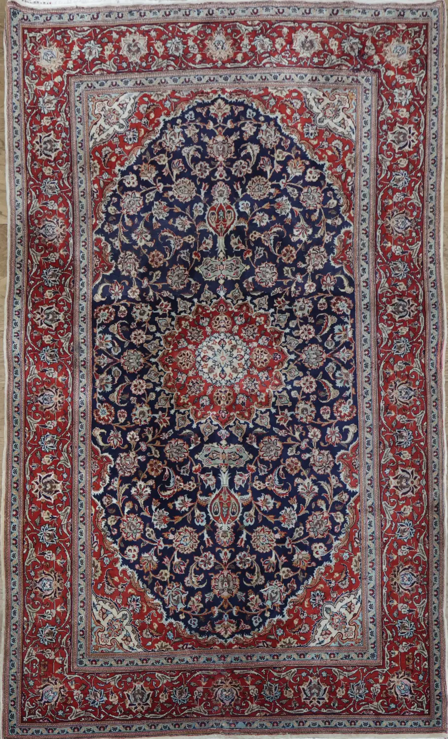 Antique Navy Blue and Deep Red Floral Kashan Dabir Persian Area Rug 5x7