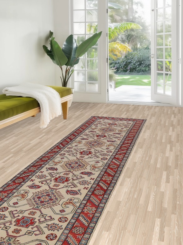 Geometric Kazak Oriental Runner Rug 3x10