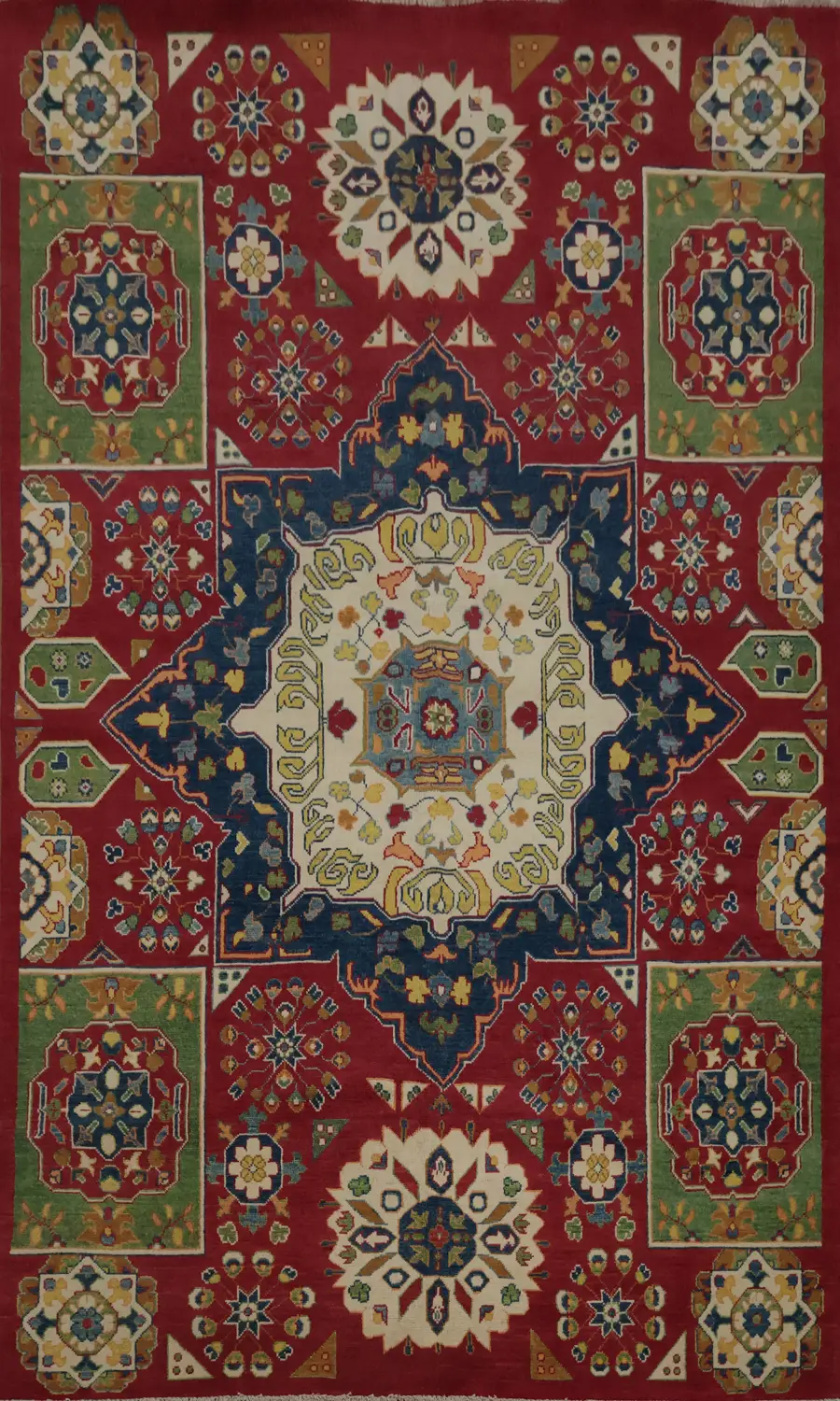 Intricate Vintage-Style Kazak Red and Blue Medallion Rug 6x9