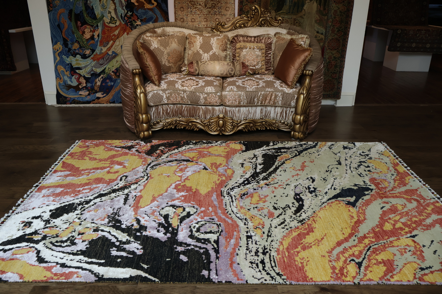 Abstract Marble Inspired Rug with Warm Earthy Tones and Black Accents 6x10