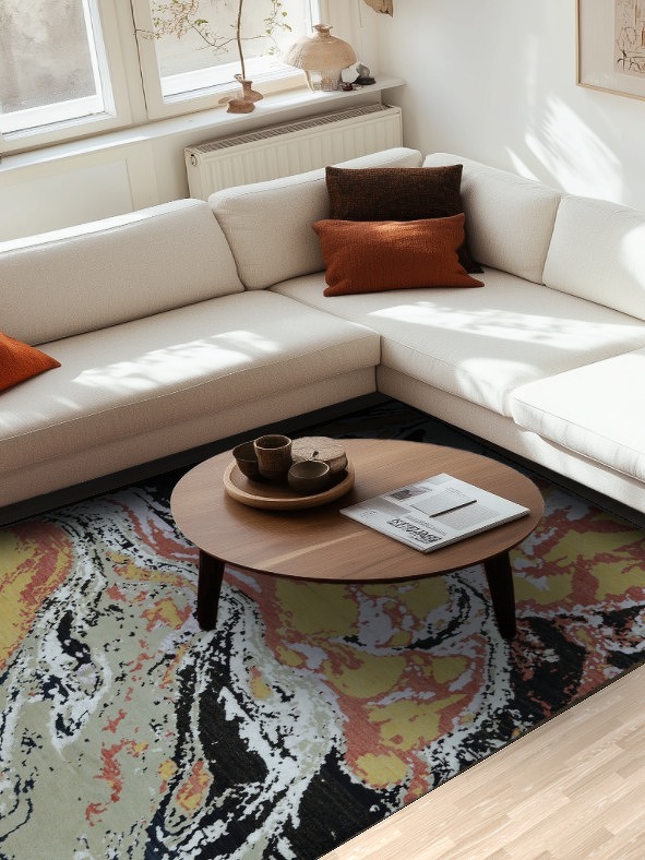 Abstract Marble Inspired Rug with Warm Earthy Tones and Black Accents 6x10