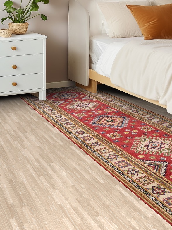 Geometric Red Kazak Oriental Runner Rug 3x8