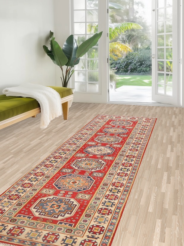 Geometric Red Kazak Oriental Runner Rug 3x10