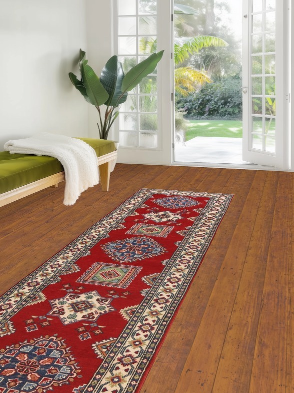 Geometric Red Kazak Oriental Runner Rug 3x10