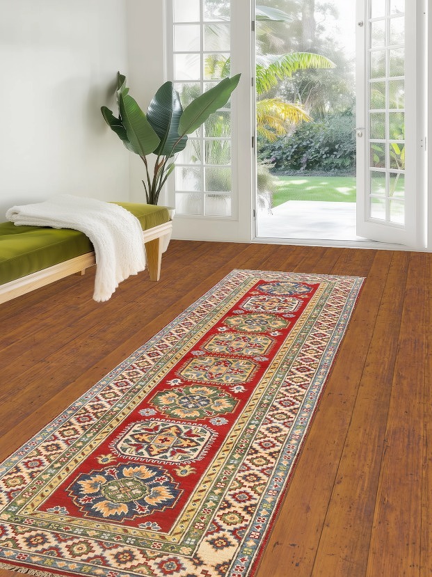 Geometric Kazak Oriental Runner Rug 3x10