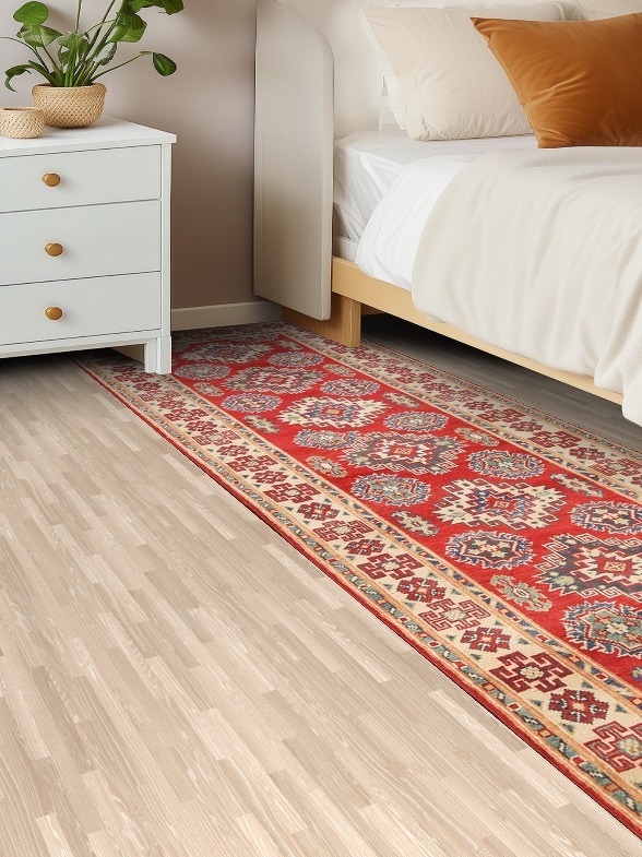Geometric Red Kazak Oriental Runner Rug 3x8