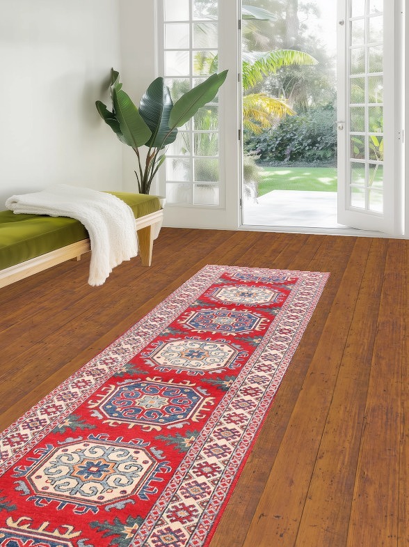 Geometric Red Kazak Oriental Runner Rug 3x10
