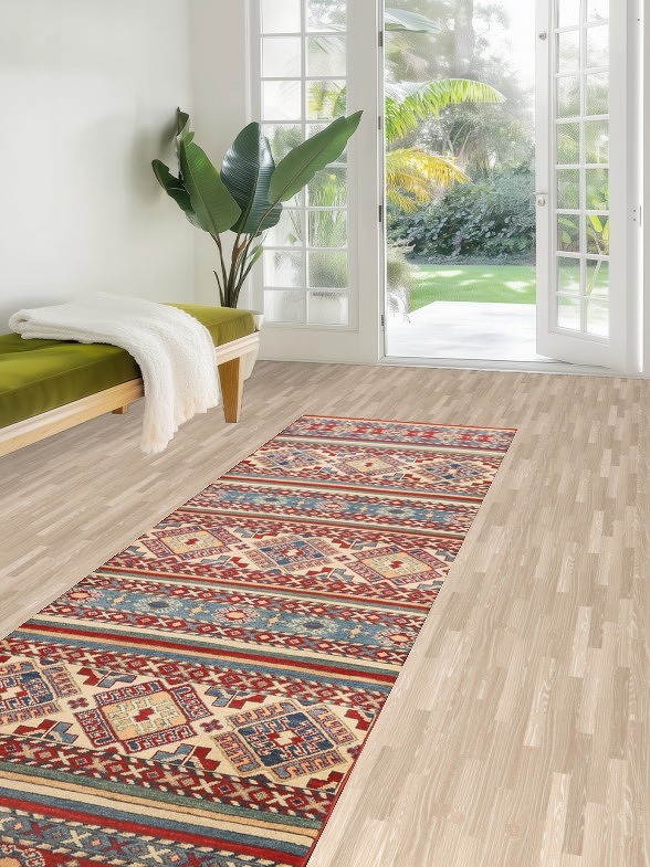 Geometric Kazak Oriental Runner Rug 3x10