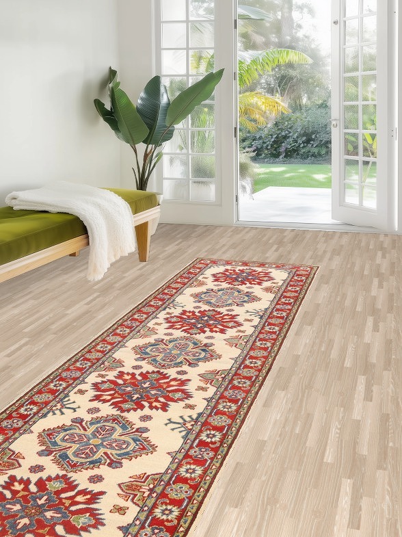 Geometric Kazak Oriental Runner Rug 3x10