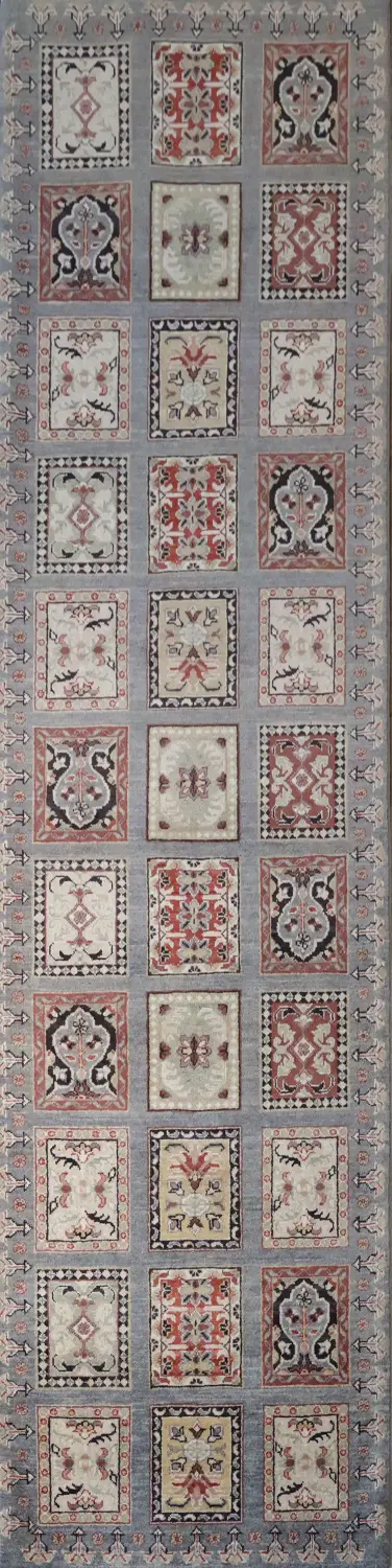 Grey Kazak Pakistani Runner with Symmetrical Square Motifs and Border 3x11 ft