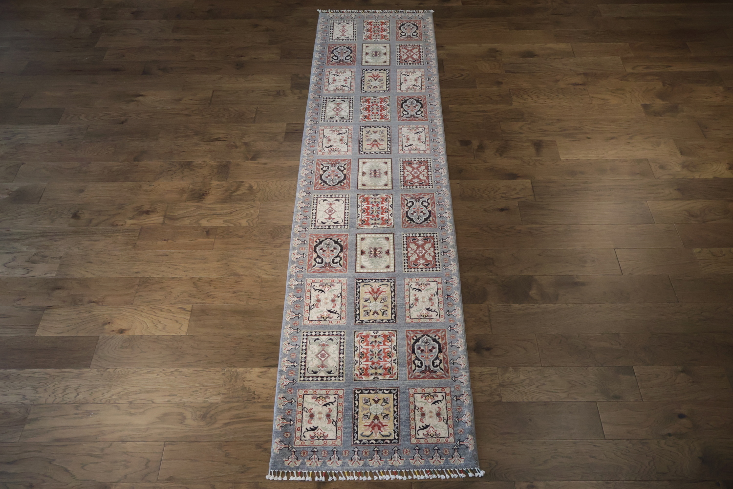 Grey Kazak Pakistani Runner with Symmetrical Square Motifs and Border 3x11 ft