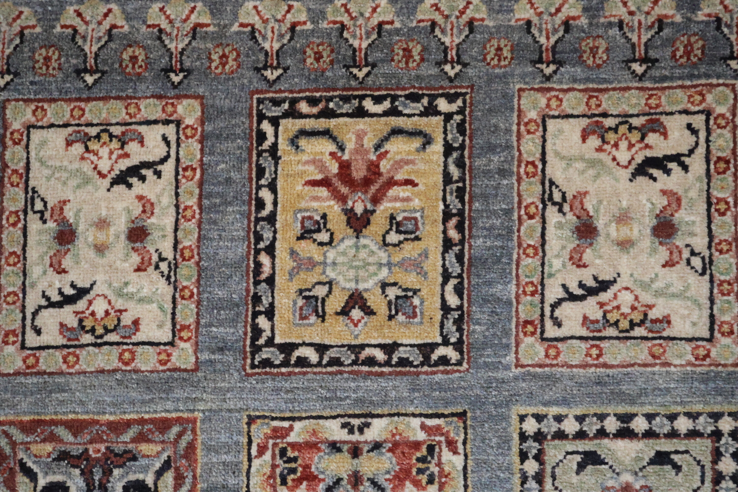 Grey Kazak Pakistani Runner with Symmetrical Square Motifs and Border 3x11 ft