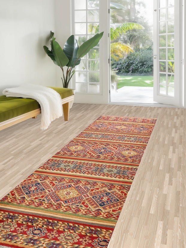 Geometric Kazak Oriental Runner Rug 3x10