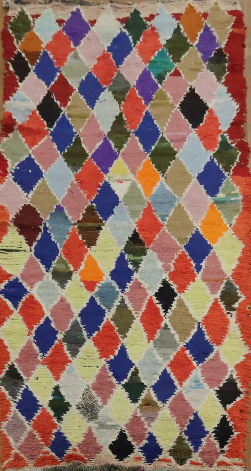 Dynamic Diamond Patchwork Moroccan Nomad Runner Rug with a Rainbow Palette 4x9