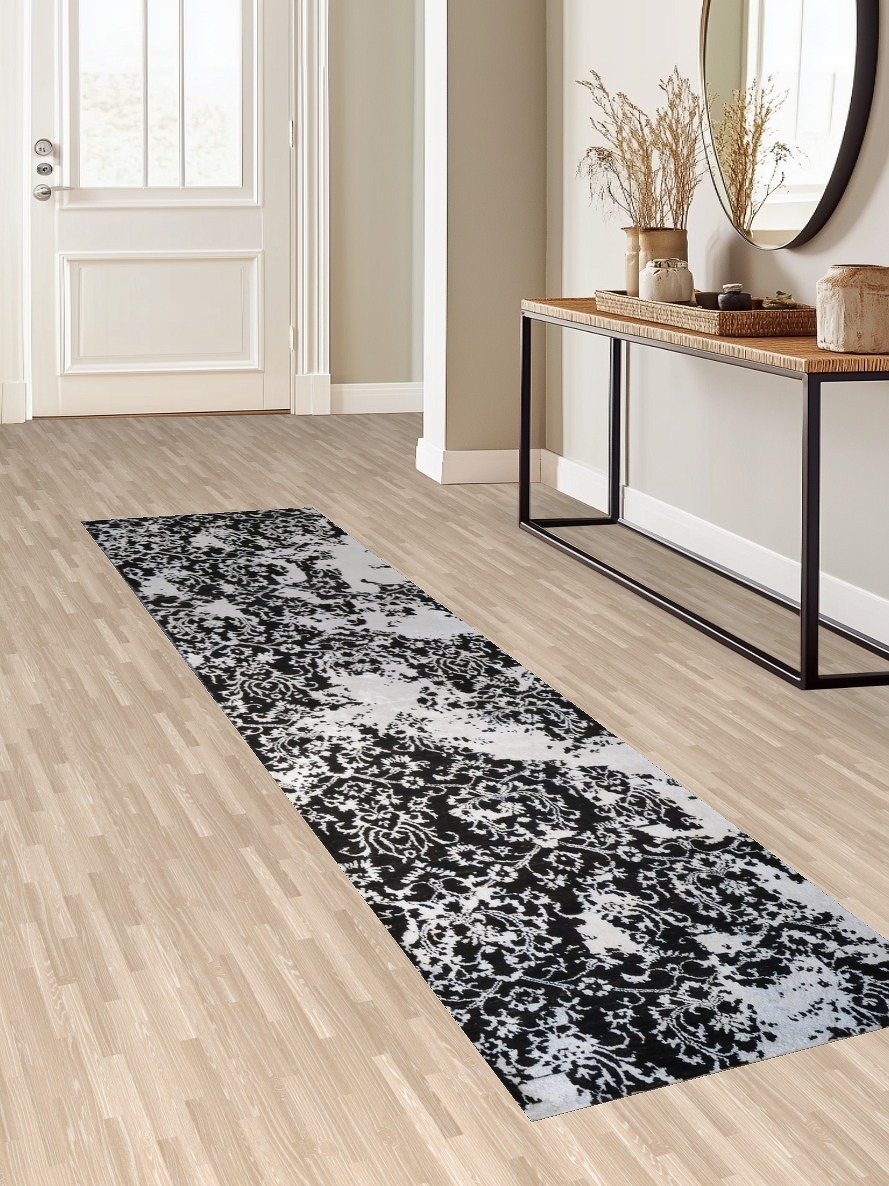 Contemporary Black and Silver Grey Runner Rug for Hallways 3x11 ft