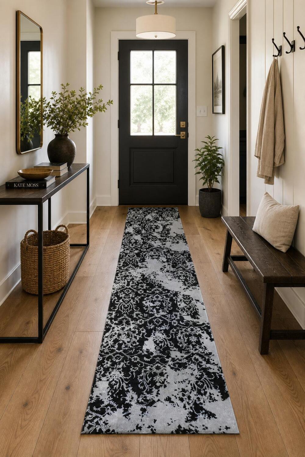 Contemporary Black and Silver Grey Runner Rug for Hallways 3x11 ft