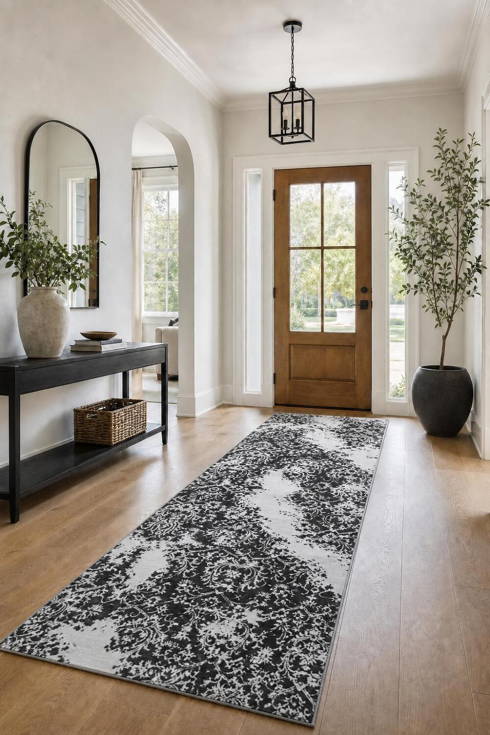 Contemporary Black and Silver Grey Runner Rug for Hallways 3x11 ft