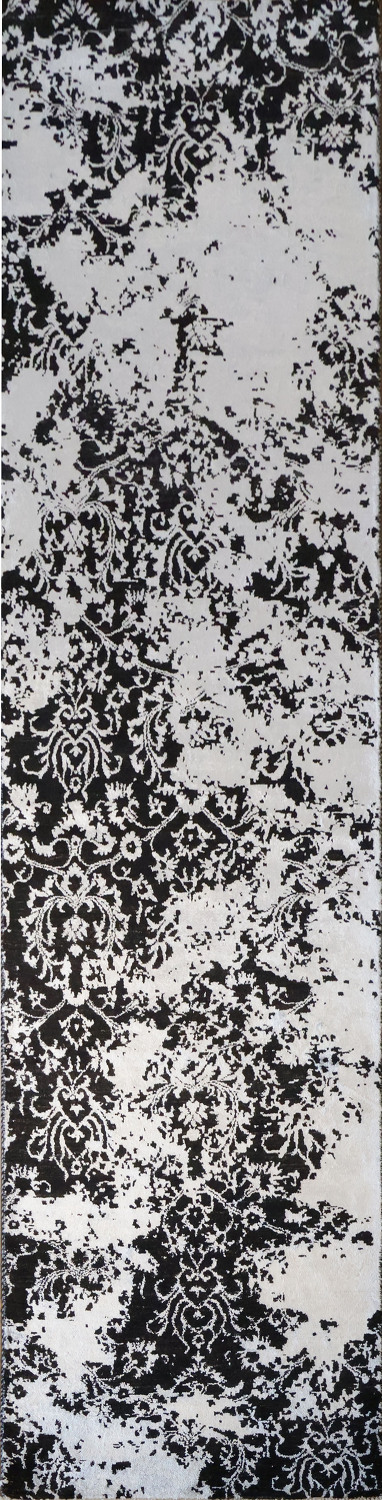 Contemporary Black and Grey Wool and Silk Runner with Modern Abstract Design 3x10 ft