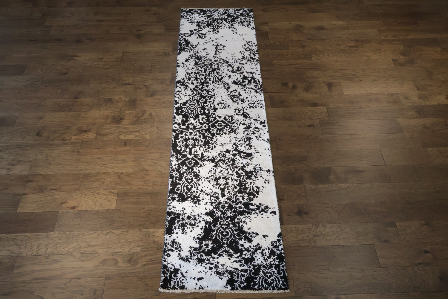 Contemporary Black and Grey Wool and Silk Runner with Modern Abstract Design 3x10 ft